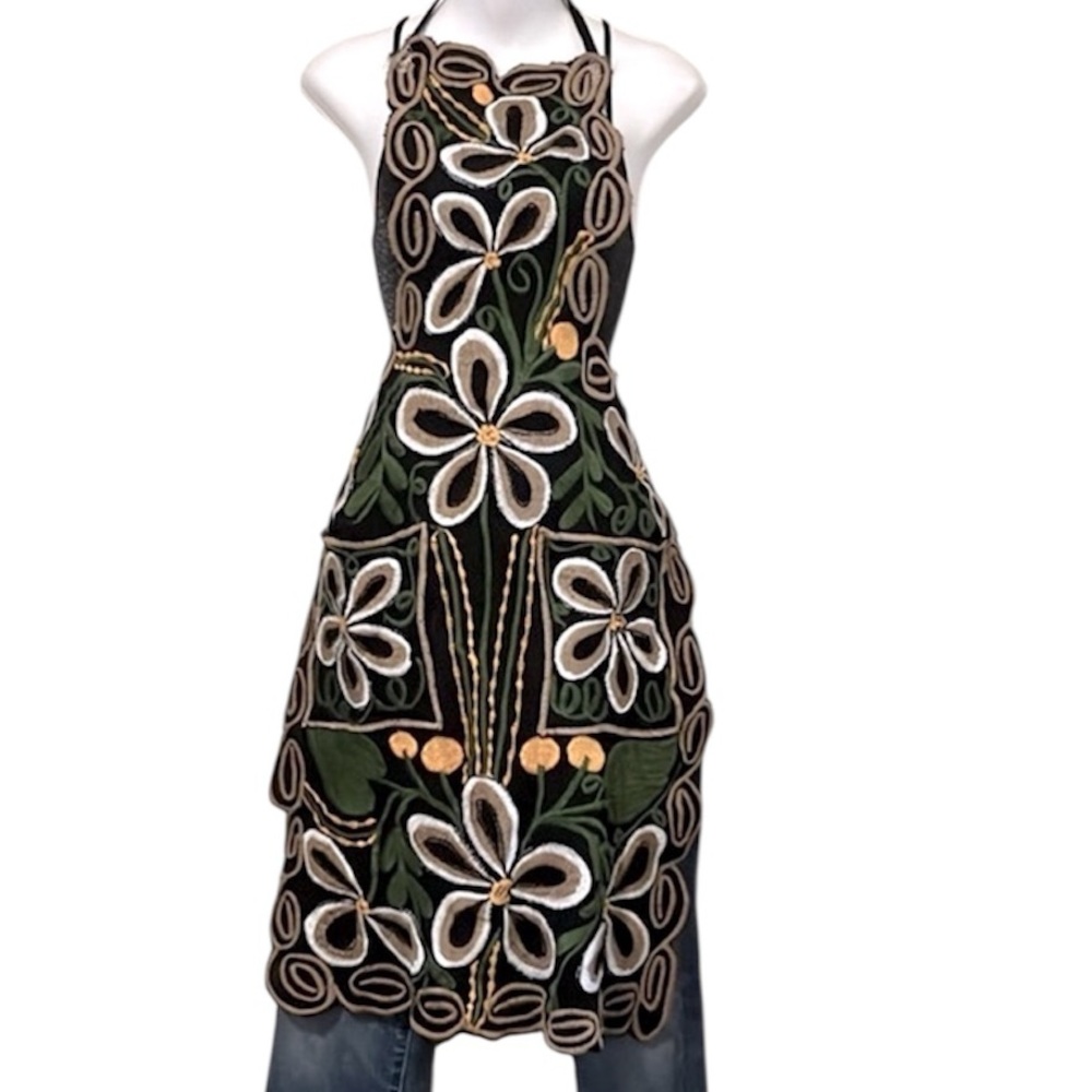 Bohemian Embroidered Green Gold Tan Black Floral Colorful Boho Apron